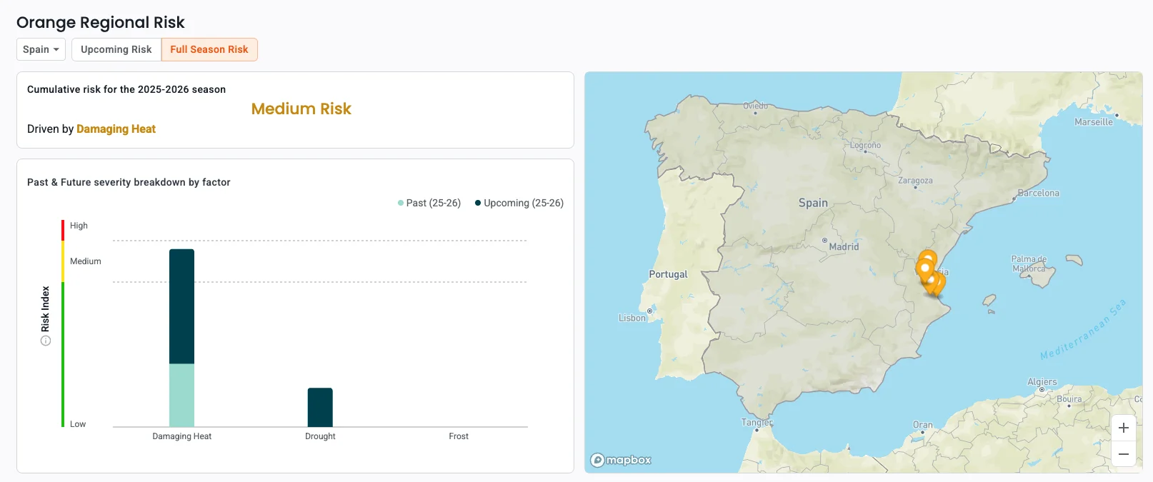 Map showing ClimateAi's data on medium climate risk for oranges in Spain in 2025/26.